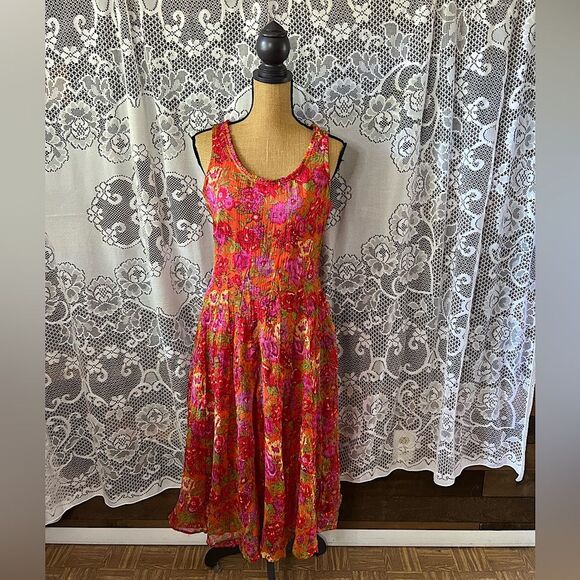 Dresses & Skirts - J Peterman Sheer Floral Fully Lined Sleeveless Midi Dress Pink Floral Size 10